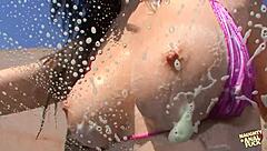 brown haired hottie with pierced tits craving big tool in butthole, riding cowgirl.