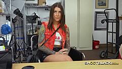 Tattooed slut gags on director's cock before doggystyle