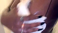Horny Black Model Gagged Handcuffed Getting Dick Rides Glass Dildo And Playing With Pussy
