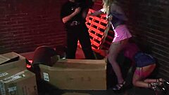 Alley cats foursome with anal! Group fuck cosplay whore slut MILF babe