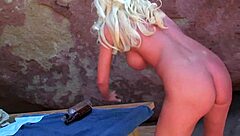 Blonde MILF slut gets deepthroat blowjob and outdoor fucking with cumshot