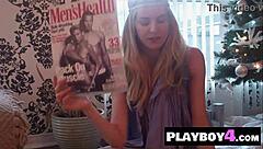 Small tits blonde milf Karina Marie shows stunning ass and poses with sexy stockings!