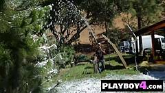 Small tits blonde milf Karina Marie shows stunning ass and poses with sexy stockings!