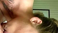 Her tattooed mouth perfectly matches my hairless cock for blowjob