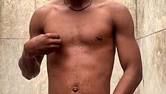 amateur gives soapy massage to big cock in shower, nearly caught