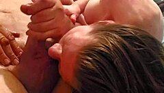 sexy redhead hints at deepthroat while sucking cock and licking balls. She teases with masturbation on ass.