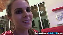 Teen in cosplay hints at a facial during the party blowjob session.