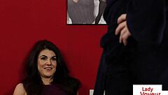 A classy british woman in stockings giving jerk off instructions as a voyeur