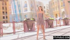 the blonde walked down the street flashing her skirt in public upskirt style