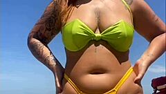 Oh, flashing my big pussy on the beach!