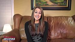 Busty redhead Autumn squirts on couch while sucking big cock