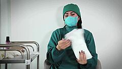 nurse uses latex gloves in hospital fetish play