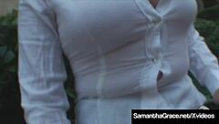 Sexy babe Samantha Grace rubs her shaved pussy with vibrator in Cuban stockings from POV.