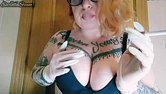 European Chubby Woman Smoking With Gloves