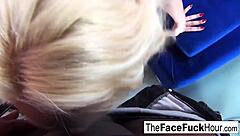 Cute blonde chick gets her face wrecked by two cocks