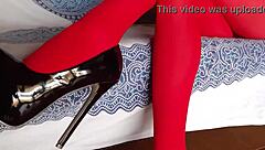 Milf with Beautiful Legs in Red Pantyhose and Black Heels