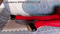 Milf with Beautiful Legs in Red Pantyhose and Black Heels