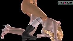 Geanimeerde 3D chicks lesbisch plezier met strapon in doggy stijl