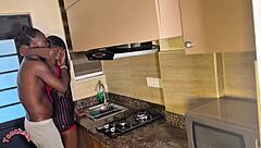 skinny ebony girl bent over gets fucked in the kitchen