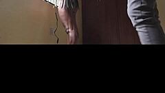 dramatic indoor scene with woman in black leggings