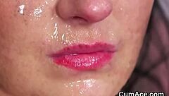The horny honey eagerly swallows the cum after the facial