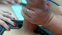 seducing a big cock boy in the pool with my curvy friend