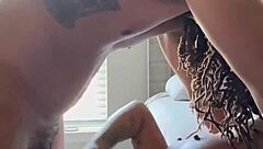 Ghetto girl licks and gags on big cock