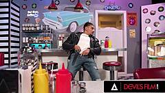 Customer caught masturbating by waitress Anna Claire Clouds, who finishes the job.