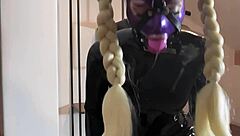 german submissive slut in latex gets groped, face fucked, and swallows mouthful of cum.