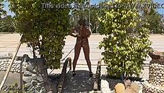 Blonde flashes in microbikini outdoors