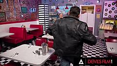 Customer caught masturbating by waitress Anna Claire Clouds, who finishes the job.