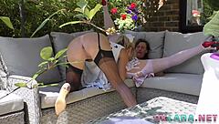 british milfs get classy outdoors in stockings with heels and fingering fun 😘