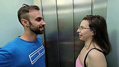 I spot my cute brunette neighbor on the stairs. We kiss, lick pussy in missionary, then fuck doggystyle with big cock at my house.