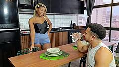 The curvy black woman with big assets takes on a large partner until a warm finish inside