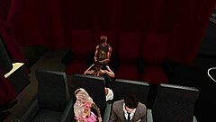 What happens in the outdoor screening room with a group of friends?