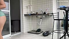 This Brazilian maid shows off her beautiful butt in tight shorts. She works as a domestic helper in the USA.