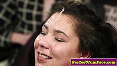 Oh wow, that British lingerie babe is sucking hard and getting a facial cumshot from the voyeur!