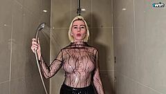 Blonde with huge tits teases in shower with transparent top coat dry and wet try on haul see through clothes