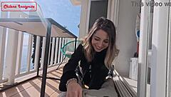 in this outdoor public scene, a cosplay couple does blowjob and creampie with doggystyle riding near the sea