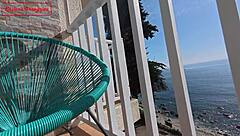 in this outdoor public scene, a cosplay couple does blowjob and creampie with doggystyle riding near the sea