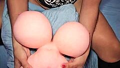 Colombian Latina milf with long hair and natural tits rides sex doll in homemade missionary with shaved pussy orgasm