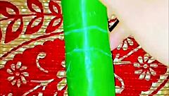 She explores with a cucumber in homemade setup as cute exotic slave