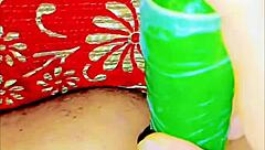 She explores with a cucumber in homemade setup as cute exotic slave