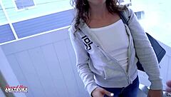 Cute skinny brunette Mercedez deepthroats a big cock, gives handjob, and swallows cum in solo play.