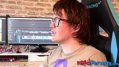 nerdy british dude tricks wannabe pornstar into sucking his monster cock in lingerie