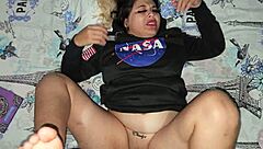 Blonde in black NASA sweater experiences long intense sex with Latina partner.