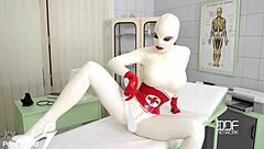 Latex sex goddess in heels does self-spanking and solo masturbation with big tits