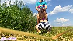 Blowjob to a guy outdoors with cum in mouth.