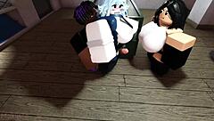 Woman leaves friend at door and enters store to see saleswoman riding big black cock. She touches him and joins for cowgirl fucking.