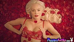 Petite blonde teen 18+ muse Elsa Jean strips lingerie and poses naked with her skinny body among red petals